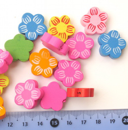 Natural Wooden Beads, Flower, Dyed, Assorted colors 20x6 mm - 20 grams ~ 20 pieces