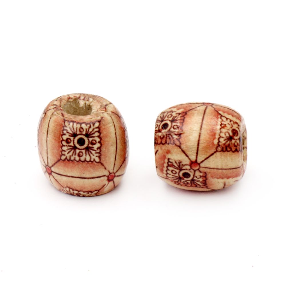Wooden Beads, Round with Printed Pattern  16x17 mm, hole 7 mm painted - 50 grams ~ 33 pieces