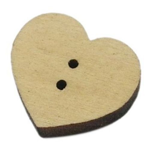Heart wooden button 12x11x3 mm hole 1.2 mm wood color - 20 pieces