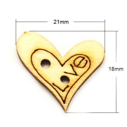 Nasture din lemn in forma inima 18x21x2 mm gaură 2 mm -20 bucăți