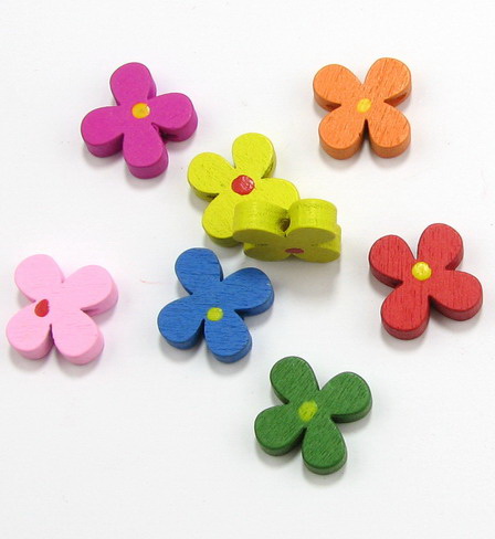 Natural Wooden Beads, Flower, Dyed, Assorted colors 15x5 mm - 20 grams
