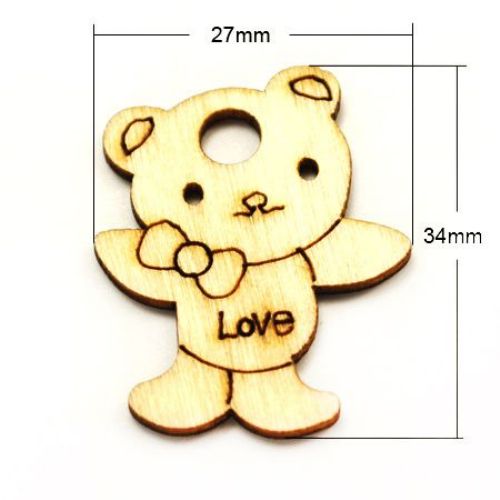 Wooden pendant in bear shape 34x27x2 mm hole 4.5 mm - 20 pieces