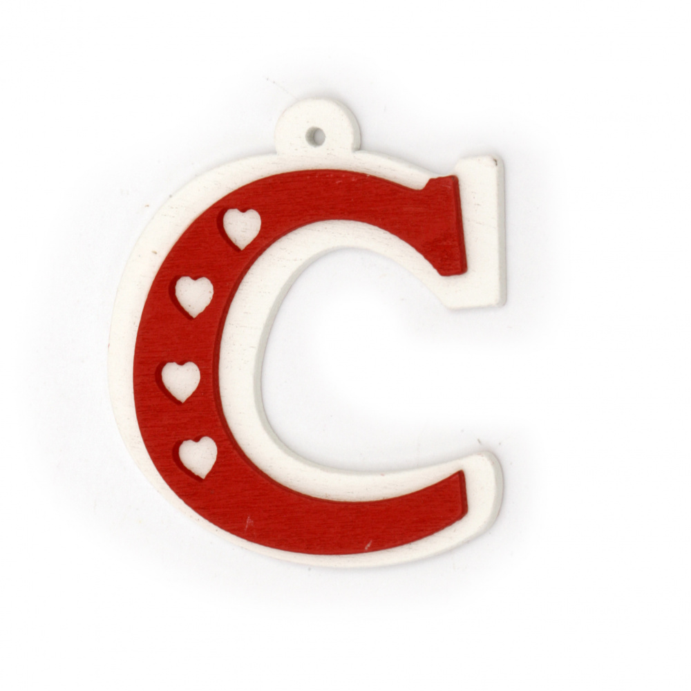 Wooden pendant letter C 45x50x4 mm hole 2 mm white and red - 2 pieces