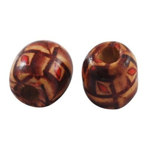 Oval Wooden Beads with Printed Pattern 16x17 mm, hole 6 ~ 8 mm - 50 grams ~ 30 pieces