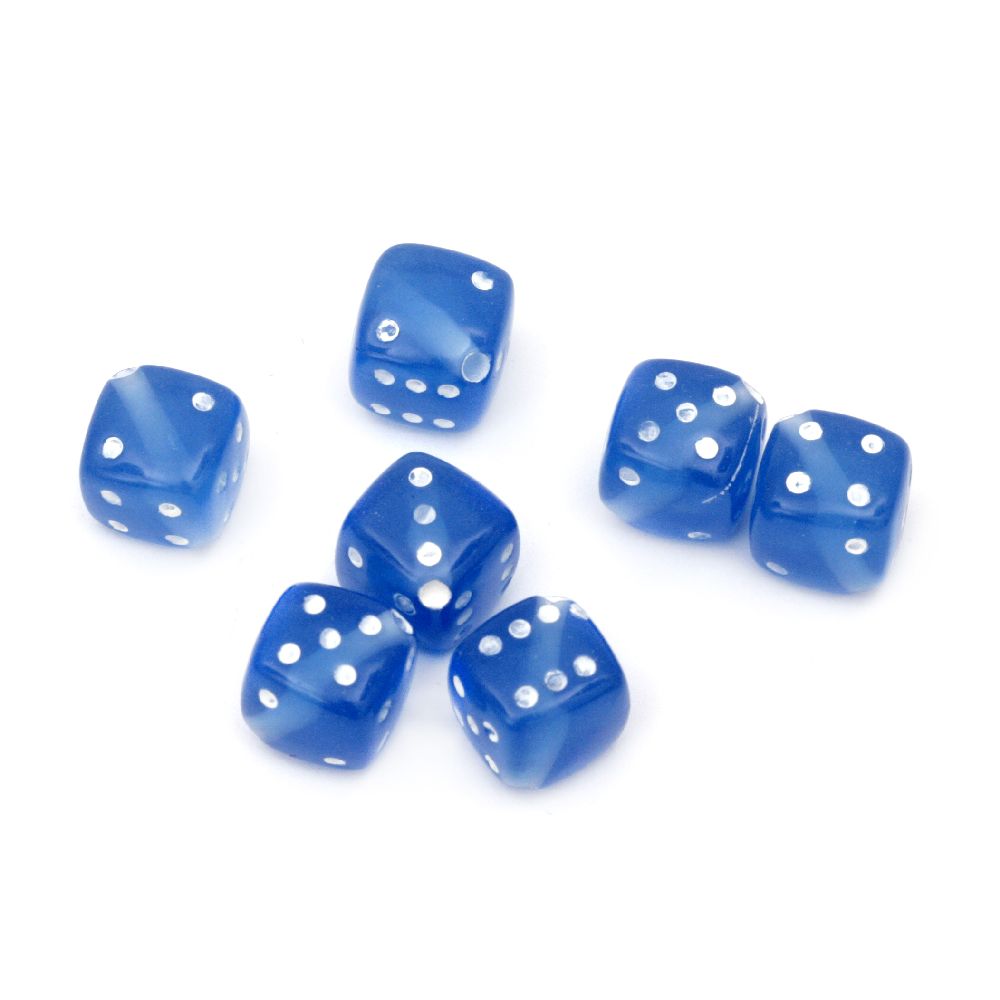 Dice Bead 8x8 mm hole 1 mm blue with white - 20 grams ~38 pieces