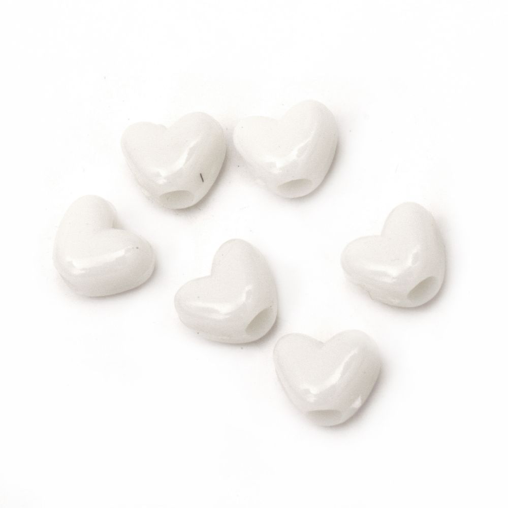 Acrylic heart solid beads for jewelry making 12x10x8.5 mm hole 3.5 mm white - 50 grams