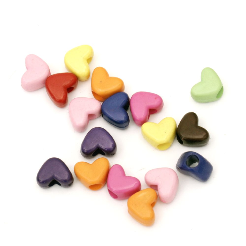 Acrylic heart solid beads for jewelry making 9x11x6.5 mm hole 3.5 mm mix - 50 grams ~ 130 pieces