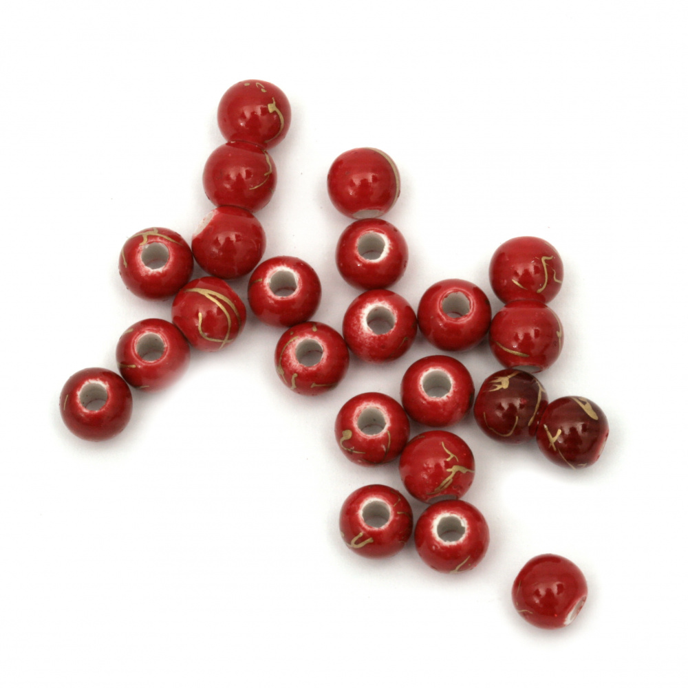 Plastic Round Beads, Red decorated with Gold, 6 mm, Hole: 2mm, 50 grams, about 460 pieces