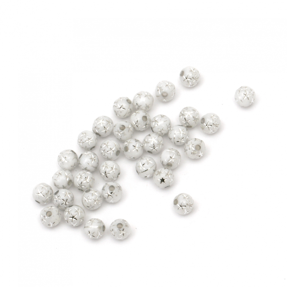 Opaque Acrylic Round Beads with silver-lined star 5 mm hole 1 mm  color white - 20 grams ± 380 pieces