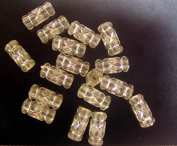 Cylindrical Embossed Transparent Plastic Beads decorated with Silver line, 14 mm, 50 grams