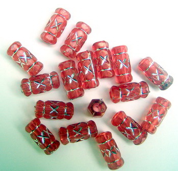 Cylindrical Embossed Ethnic Plastic Beads, Red decorated with Silver, 14 mm, 50 grams