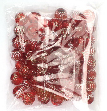 Round Plastic Beads, Red decorated with Silver ornaments, 12x10 mm, Hole: 4.5 mm, 50 grams, 65 pieces  