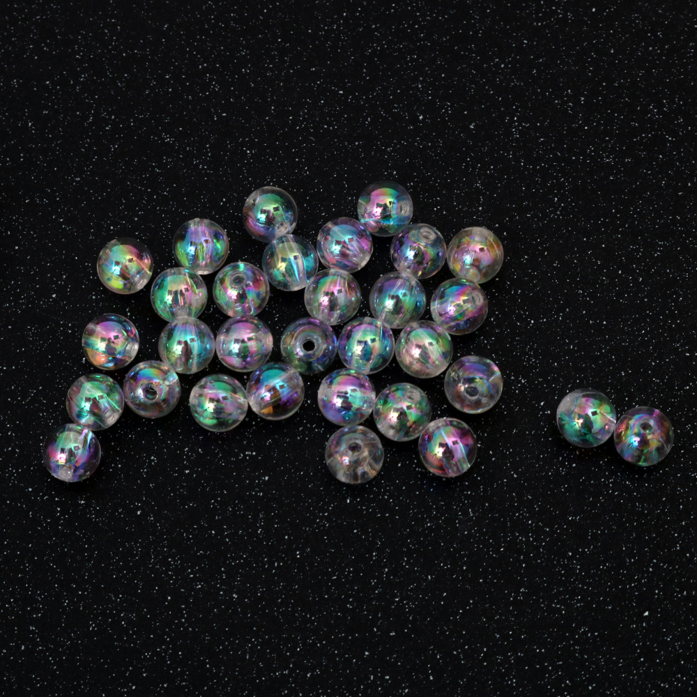 Κρυστάλλινες χάντρες, σφαιρικό σχήμα, 8 mm, τρύπα 2 mm, λευκό χρώμα RAINBOW – 20 γραμμάρια, ~80 τεμάχια