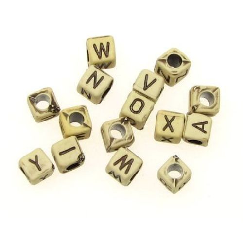 Antique acrylic cube beads 6x6 mm hole 3 mm with letters brown - 50 grams ~ 230 pieces