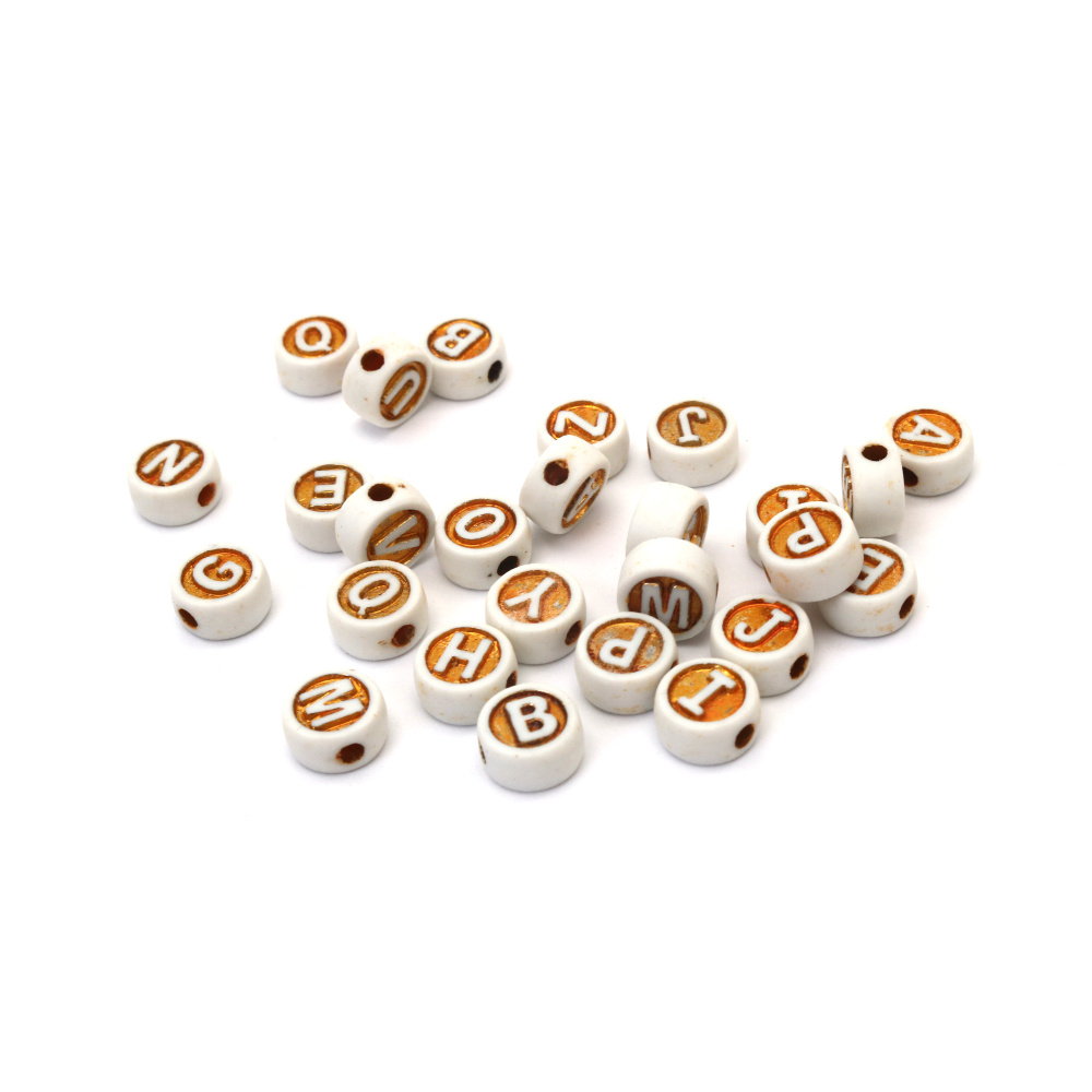 Mărgele rotunde bicolore cu litere asortate, 10x6 mm, gaură 2 mm, alb/auriu – 20 g (±60 buc)