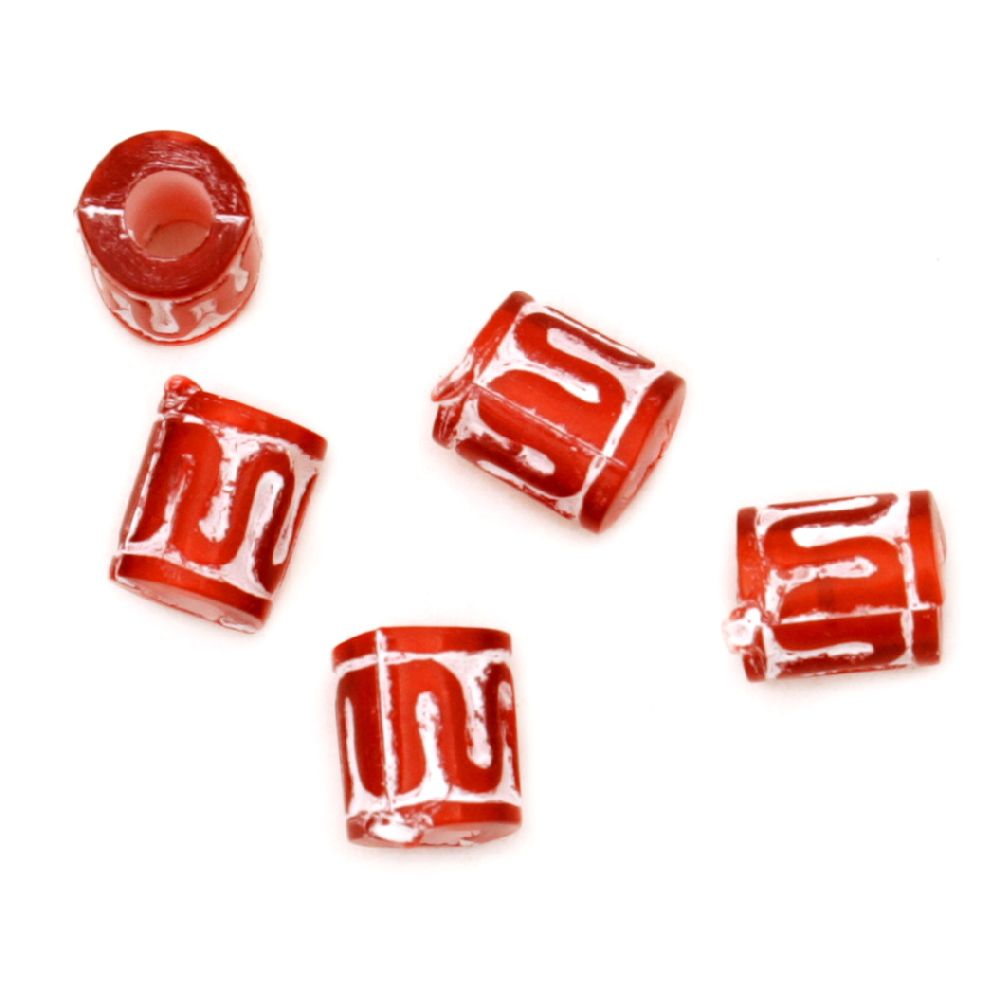 Cylinder Bead 6 mm red with white - 50 grams