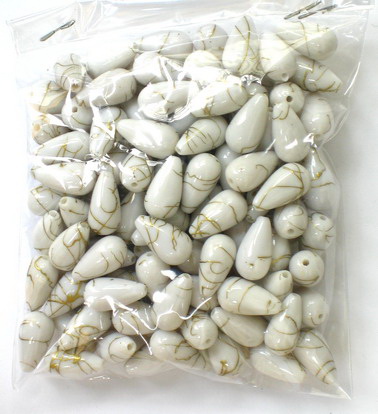 Drop-shaped Plastic White Beads decorated with Golden lines, 7x14, 50 grams