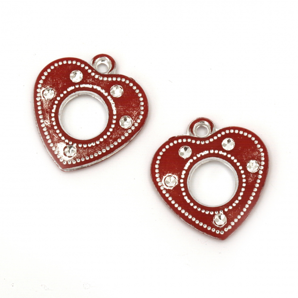 Plastic Heart Pendant with Imitation Crystals / 26x24.5 mm, Hole: 2  mm / Red - 20 pieces
