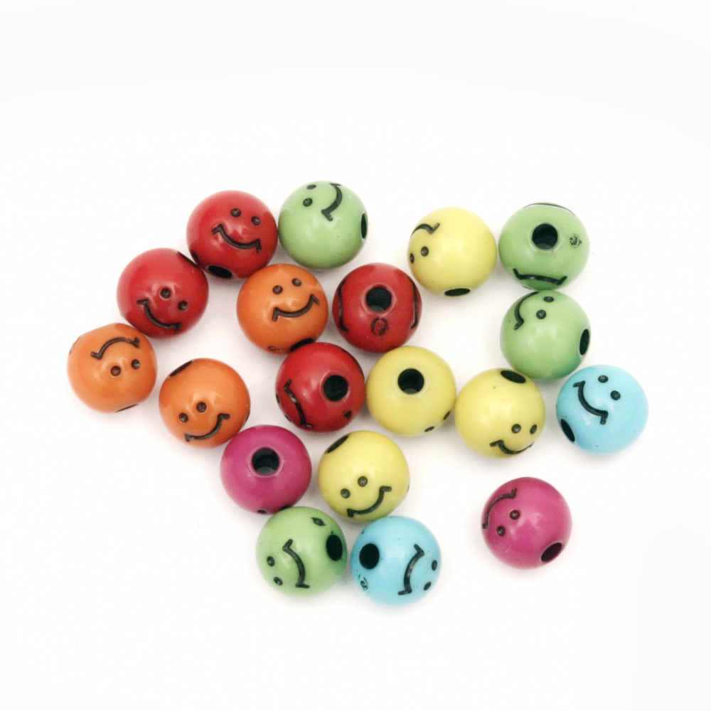 Cute Smile Round Plastic Beads for Kids DIY, Mixed Colors, 8 mm, Hole: 2 mm, 20 grams, 52 