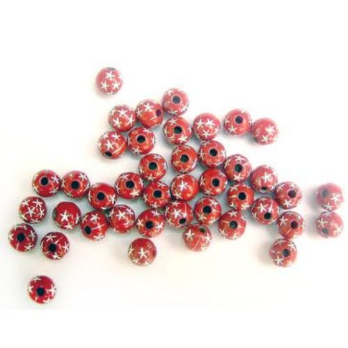 Opaque Acrylic Round Beads with silver-lined star 6 mm red - 50 grams