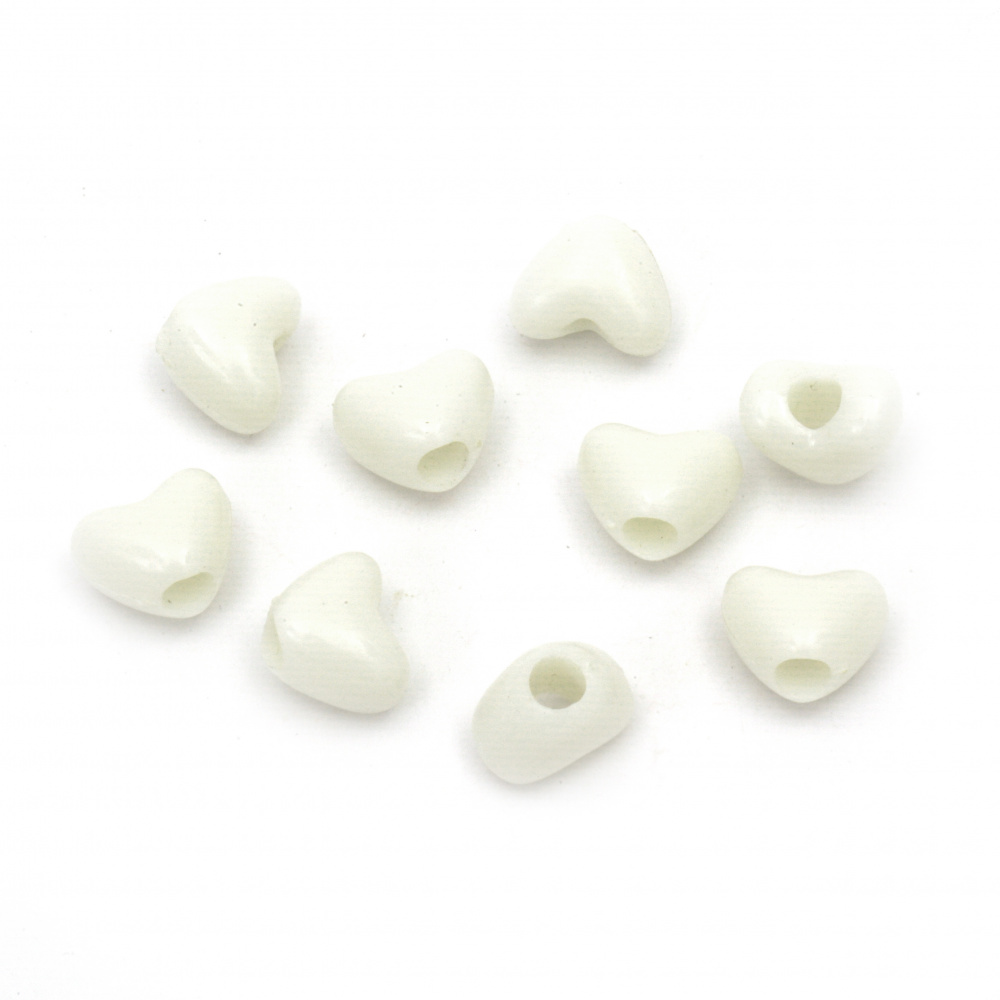 Acrylic heart solid beads for jewelry making 9x11x6.5 mm hole 3.5 mm white - 50 grams ~ 130 pieces