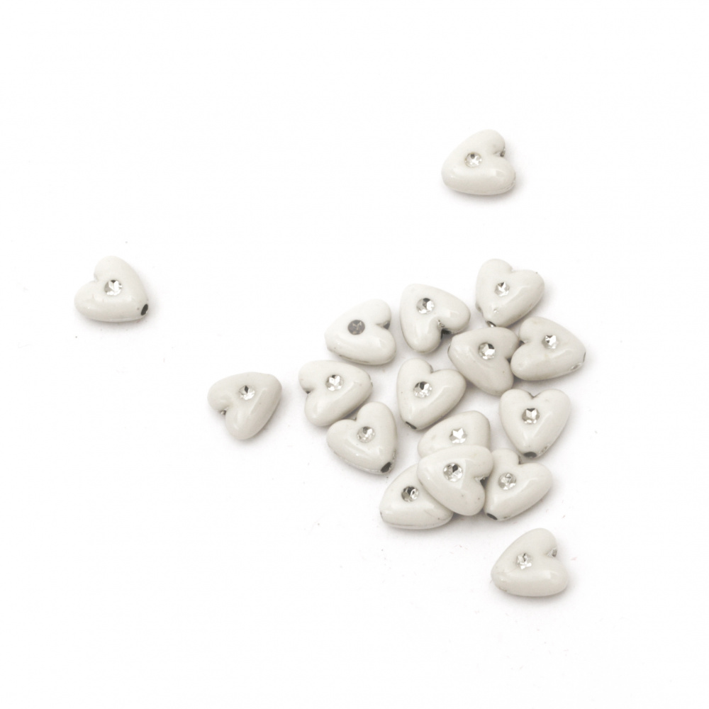Plastic Heart Bead with Imitation Gemstone / 8x4.5 mm, Hole: 1.5 mm / White - 20 grams ~ 140 pieces