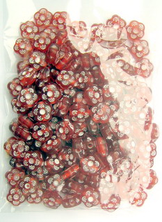 Plastic Transparent Flower Beads, Bicolor: Red and White, 8x4.5 mm, Hole: 1 mm, 50 grams, 270 pieces