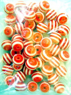 Resin plastic ball beads 12x10 mm hole 3 mm red with white stripes - 50 pieces