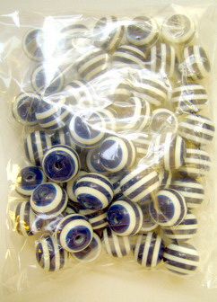 Round Resin Bead, Blue with White Stripes, 12x10 mm, Hole: 3 mm, 50 grams