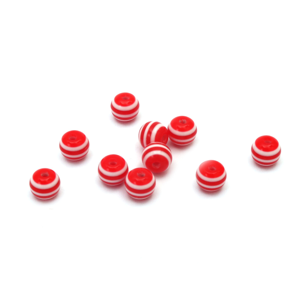 Resin plastic beads, striped ball 6 mm hole 1 mm red - 50 pieces