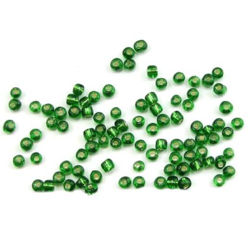 Glass beads  4 mm silver thread green 3 -50 grams