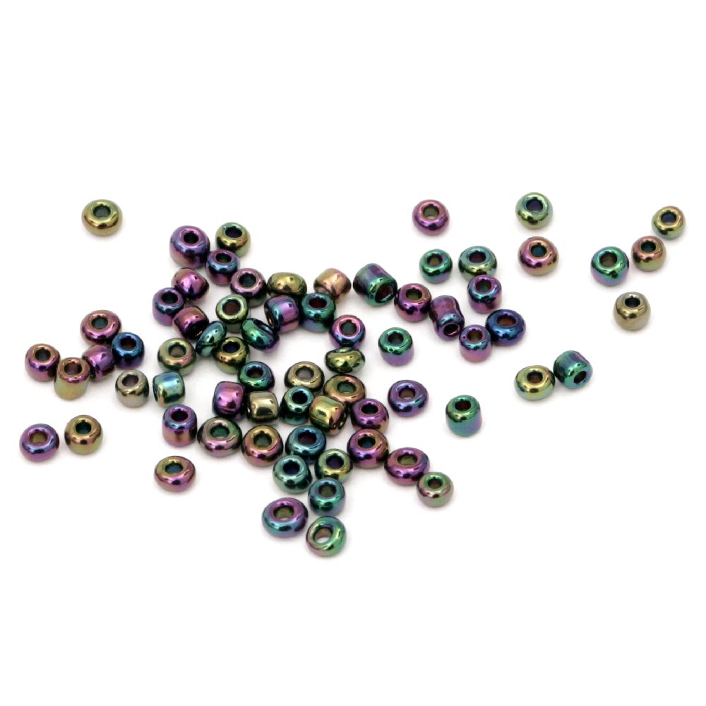 Glass beads with metalic luster 3 mm iris golden green -50 grams