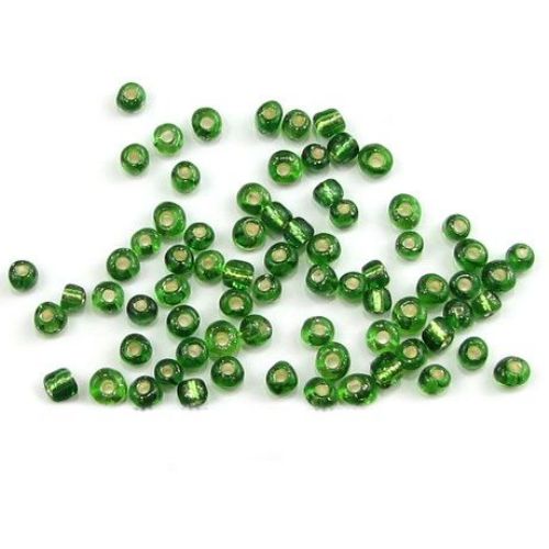 Γυάλινες χάντρες  seed  4 mm ασημένιες με βασή πράσινο 2 -50 γραμμάρια