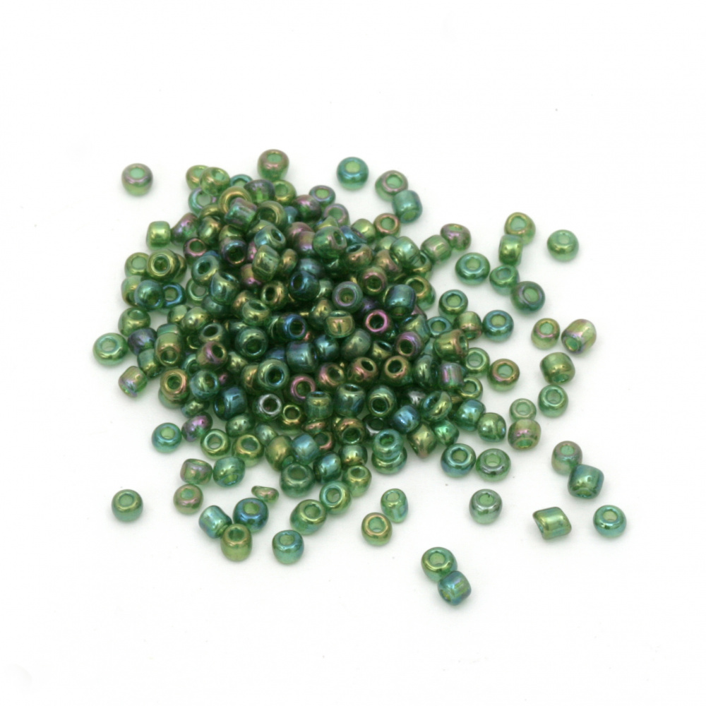 Small Transparent Glass Beads, Dark Green with Rainbow Coating, 2 mm, 50 grams 