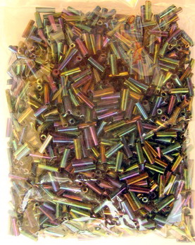 Tiny Tube Beads with Metal Coating, Opaque Bugle Seed Beads, Iris, 7x2 mm, 50 grams