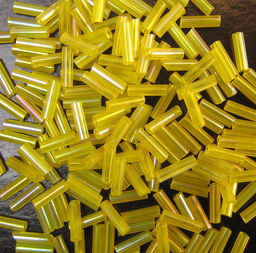 Transparent Glass Bugle Seed Beads, Yellow Tube Beads with Rainbow Coating, 7 mm, 50 grams