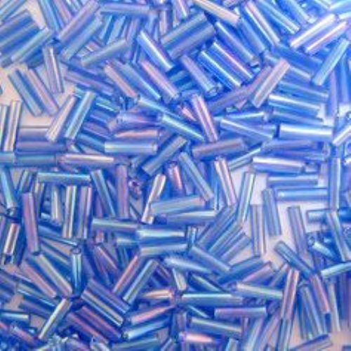 Transparent Glass Bugle Seed Beads, Spacer Tube Beads, Dark Blue with Rainbow Coating, 7 mm, 50 grams