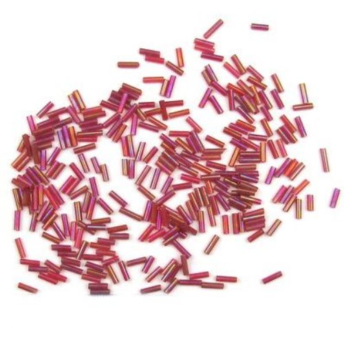 Bugle Seed Beads, 7 mm, transparent,  rainbow red -50 g