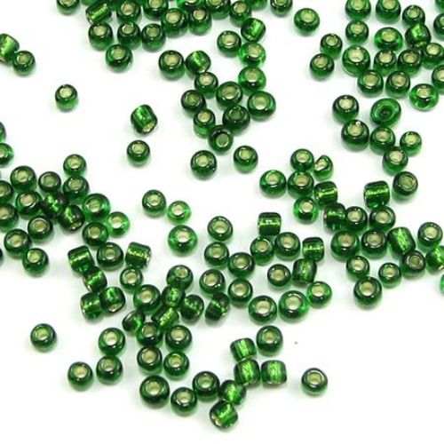 Glass beads  3 mm silver thread green 3 -50 grams