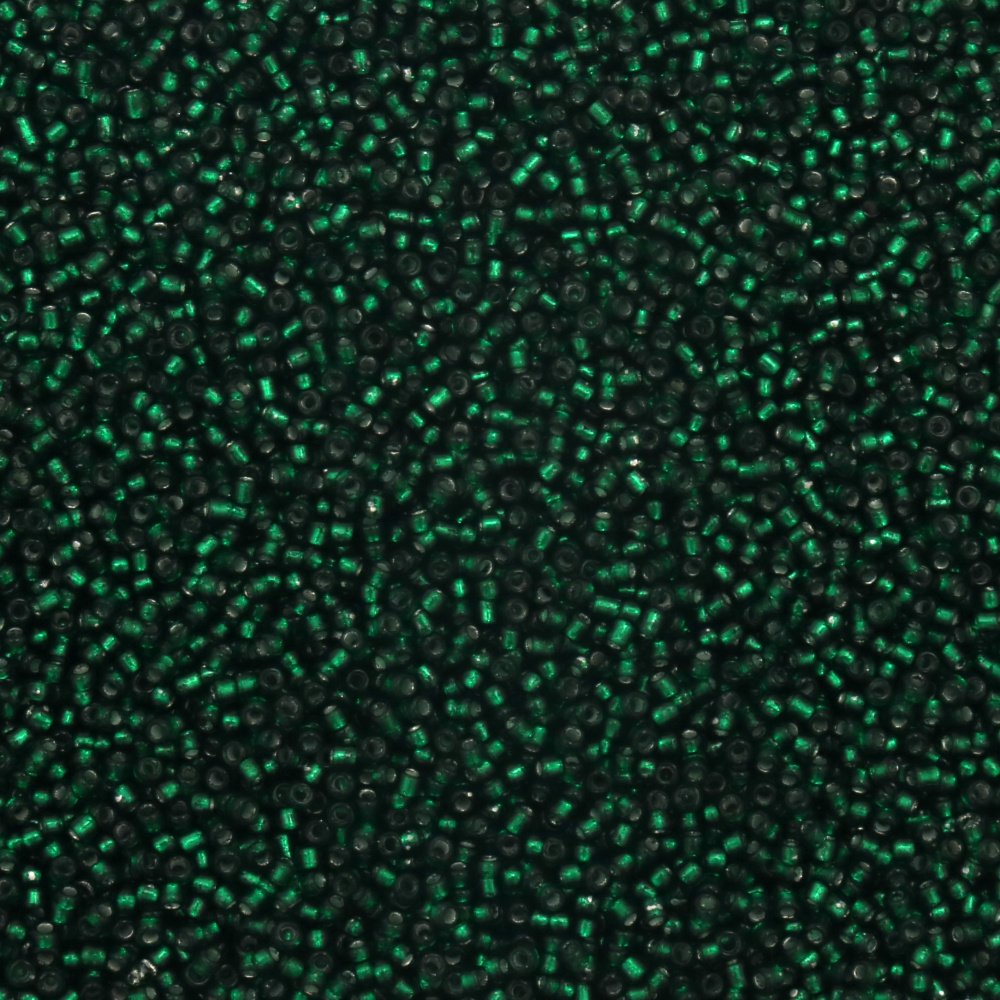 Γυαλί χάντρες 2 mm ασημένιες με βασή σκούρο πράσινο -50 γραμμάρια