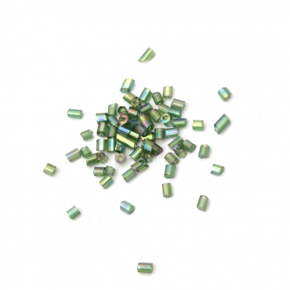 Bugle Glass Seed Beads, Transparent Tube Beads, Green Rainbow, 3 mm, 50 grams