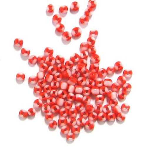 Tiny Round Glass Beads with Two Colors: White and Red, 2 mm, 50 grams