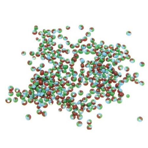 Margele de sticlă 2 mm triplă culoare roșu, albastru, verde -50 grame