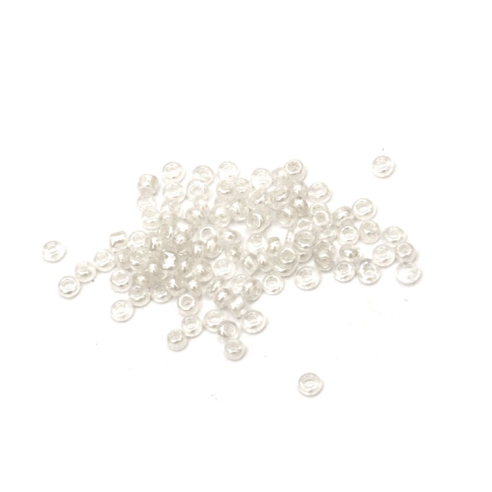 Γυάλινες χάντρες seed 2 mm διάφανες με μαργαριταρένια κλωστή -50 γραμμάρια