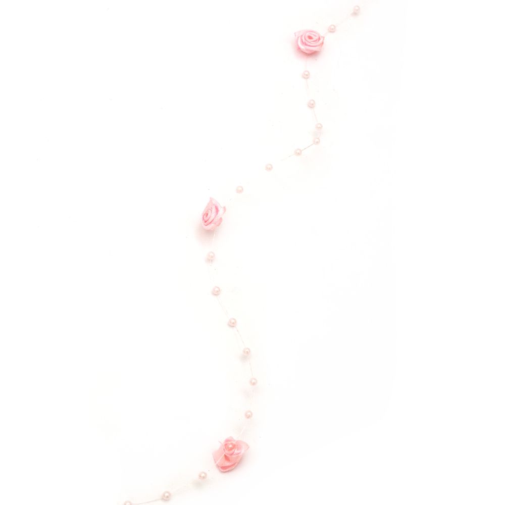 Гирлянд с пластмасова перла 4 мм и розичка от текстил розова ~15 мм -1 метър