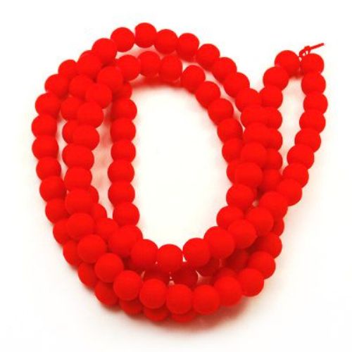 Neon Round Glass Beads with Rubber Coating, 8 mm, Hole: 1-1.5 mm, Red, 80 cm, 105 pieces