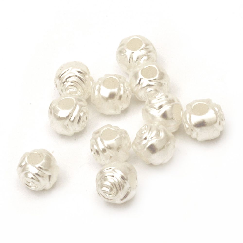 Plastic Pearl Round Beads / Roses, 8 mm, Hole: 1 mm, White - 20 grams ~ 80 pieces