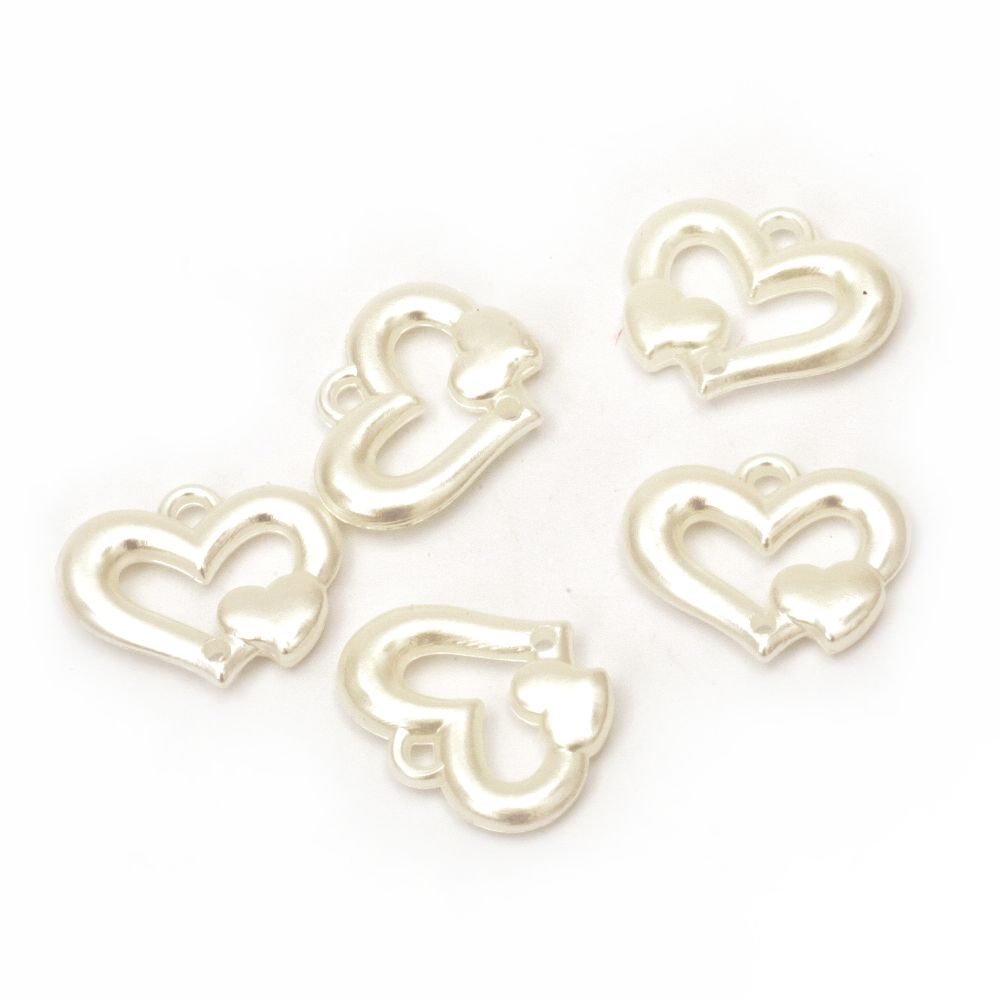 Plastic Heart Beads with Pearl Coating, Connector Beads, 25x20x4.5 mm, Holes: 2 mm, White -20 grams ~ 24 pieces 