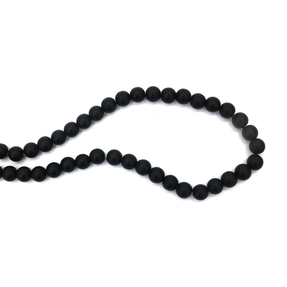 Șirag de mărgele din sticlă neagră mată – rotunde 10 mm, gaură 1 mm, ~85 buc, pentru bijuterii handmade moderne și elegante