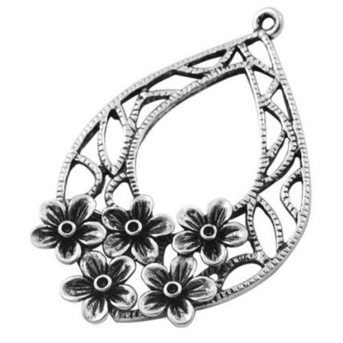 Metal Pendant / Leaf decorated with Flowers, 49x31x1.5 mm, Hole: 2 mm, Silver Color, 3 pieces